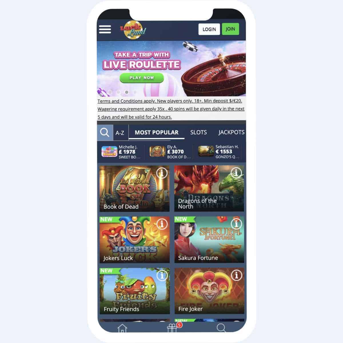 Luckland homepage mobile