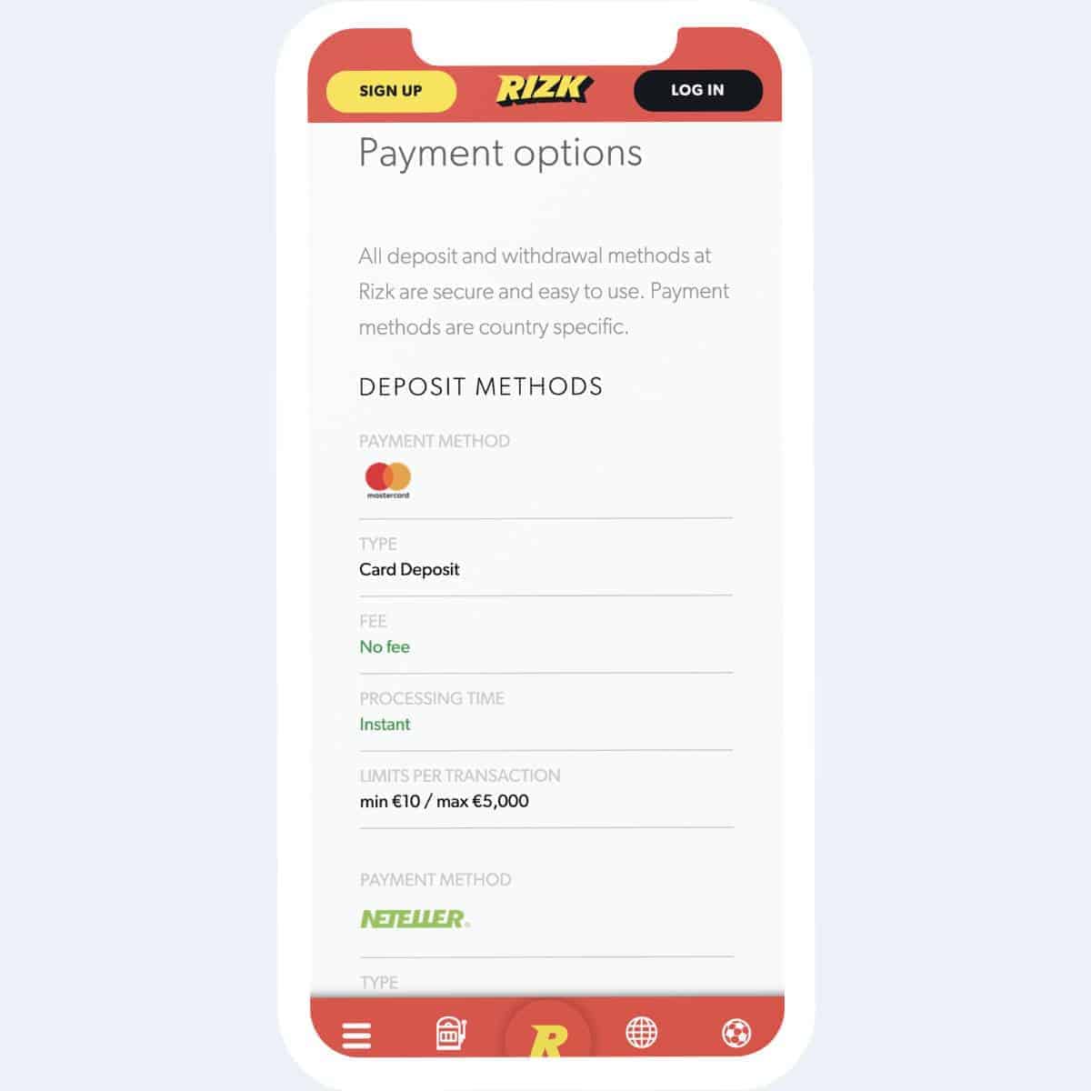 rizk payment methods mobile